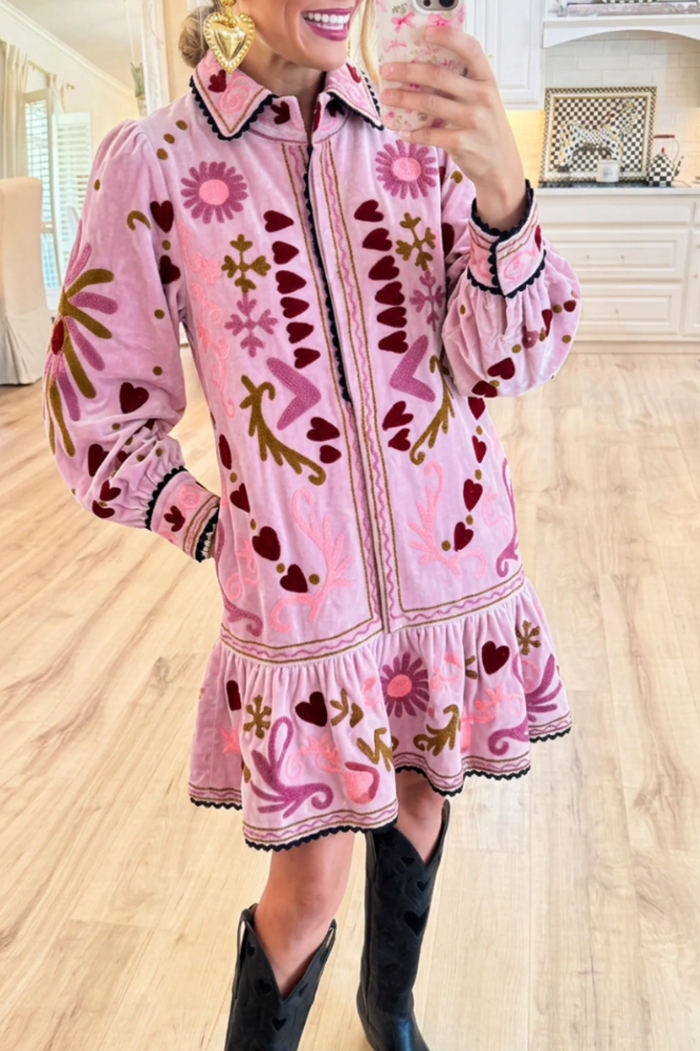 Collared Velvet Floral Pocket Ruffle Hem Dress