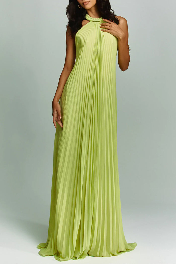 Halter Pleated Flowy Maxi Dress
