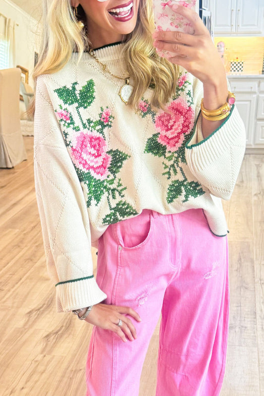 Ivory Rose Pattern Knit Sweater