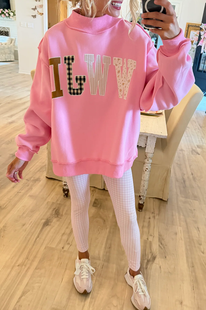 Pink Letter Print Mock Neck Long Sleeve Sweatshirt