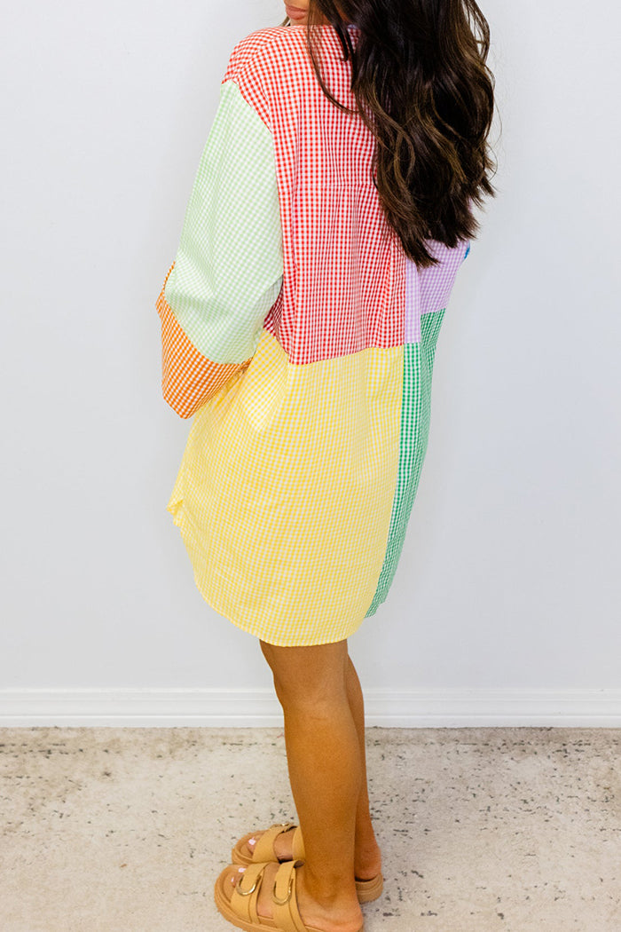 Colorblock Graphic Gingham Button Up Tunic