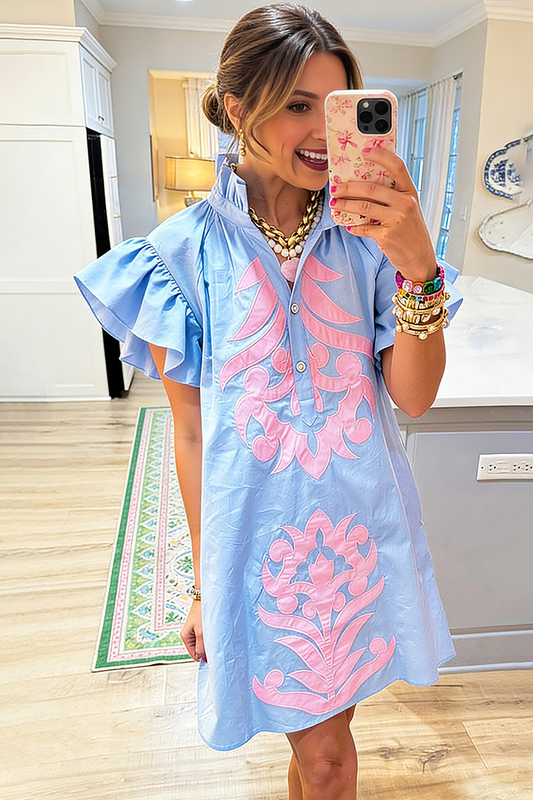 Embroidered Ruffled Flutter Sleeves Pockets Dress
