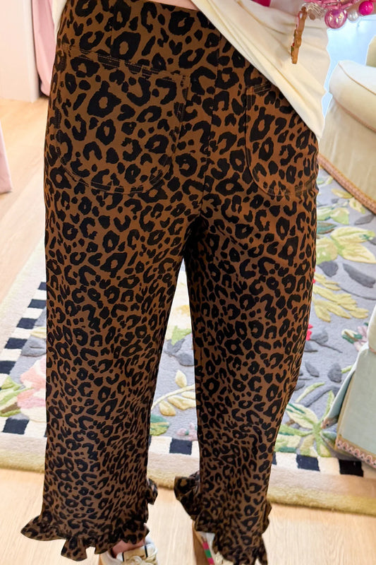 Leopard Ruffle Hem Straight Pants