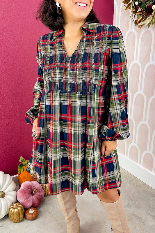 Multi-Color Plaid Smocked Shirt Dress