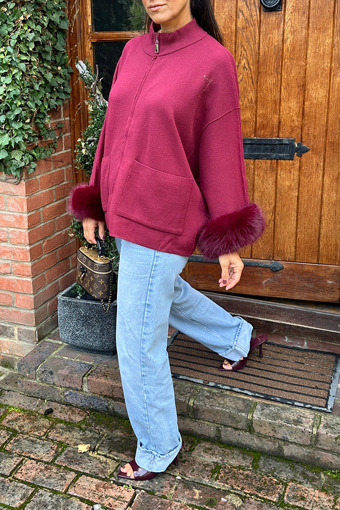 Faux Fur Cuff Pocket Knit Jacket