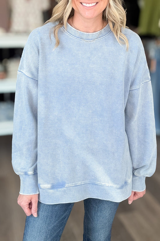 Casual Washed Ribbed Long Sleeved Hi Low Pullover Sweatshirt