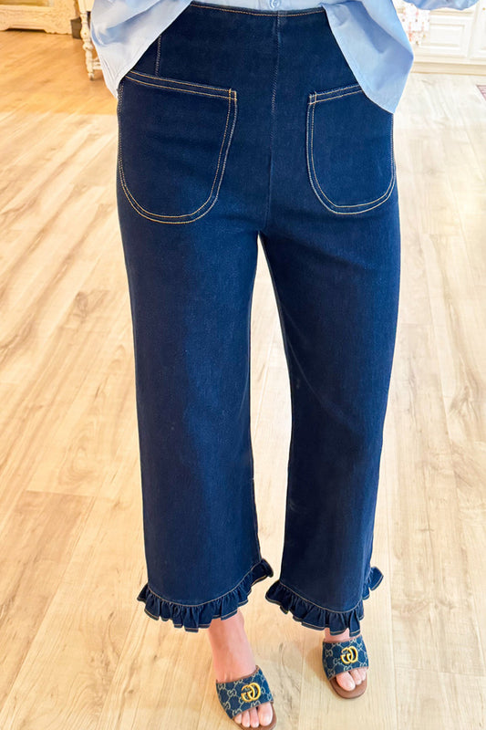 Denim Pocket Washed Ruffle Hem Pants