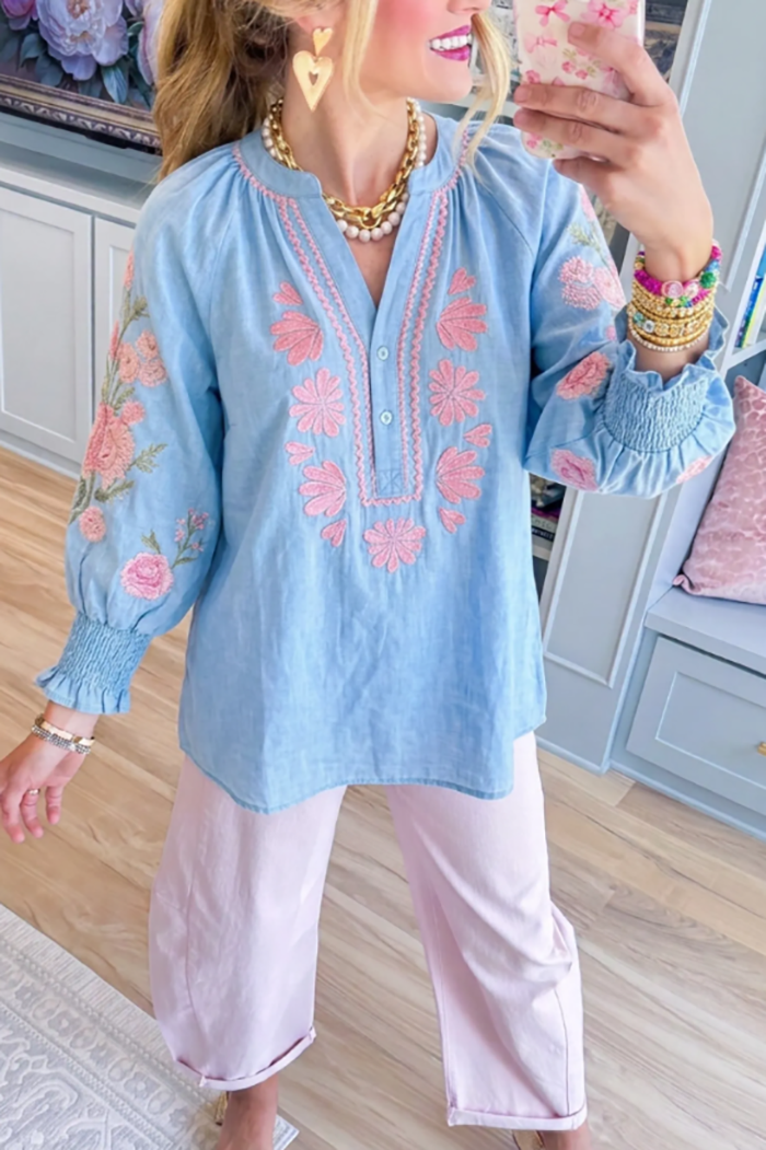 Casual V-Neck Embroidered Top