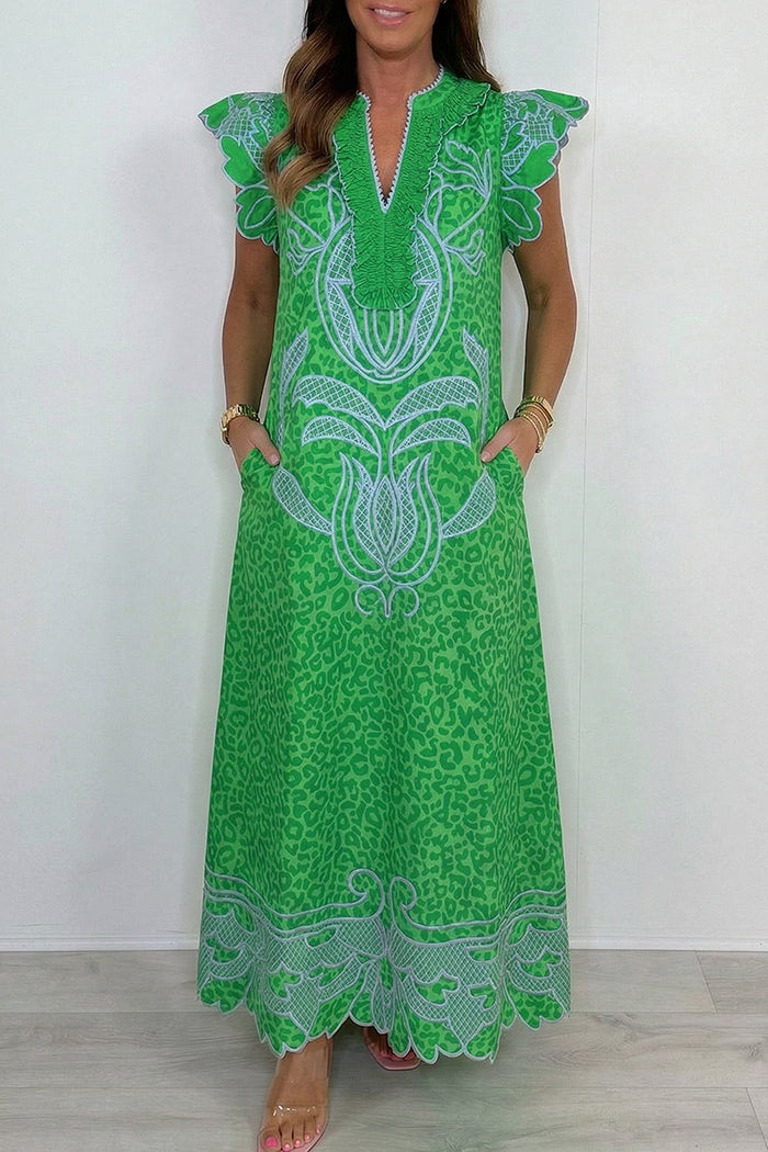 Leopard Flutter Sleeve Pocket Maxi Dress
