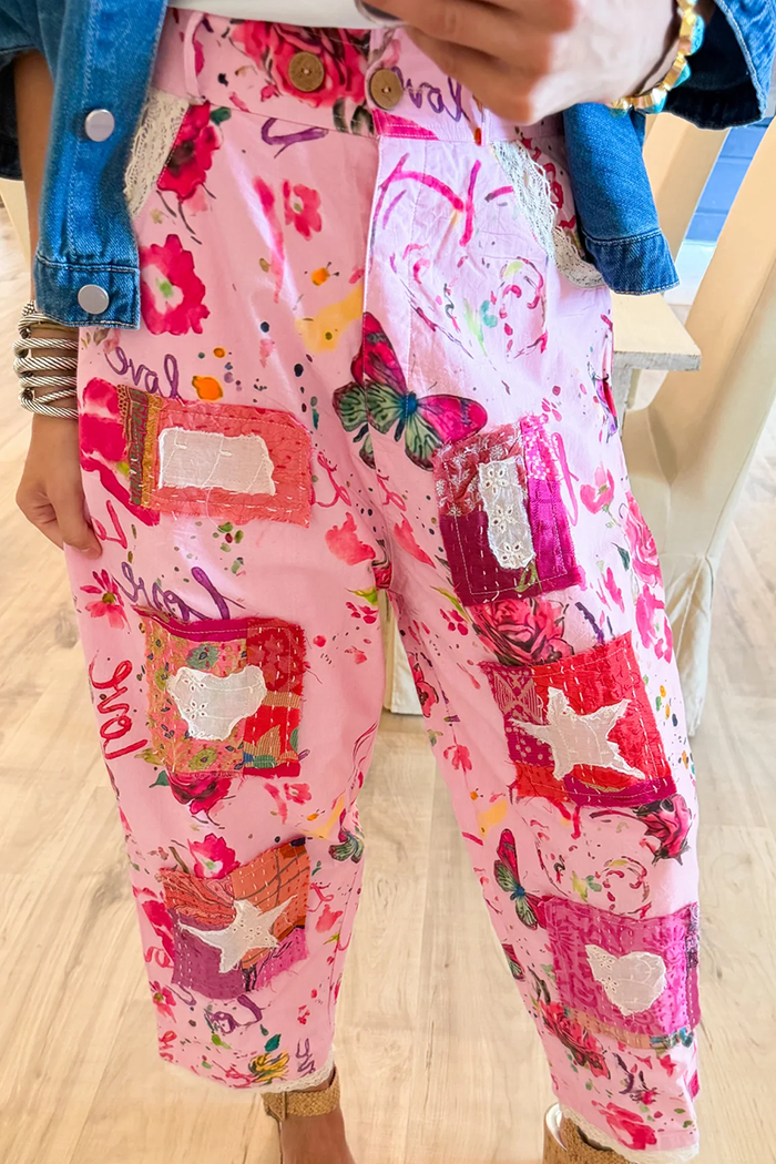 Straight Leg Pink Patchwork Pants