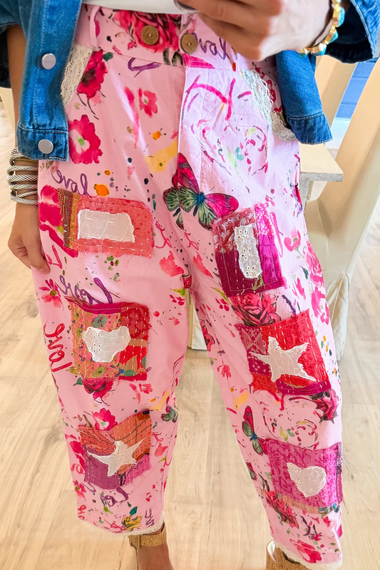 Straight Leg Pink Patchwork Pants