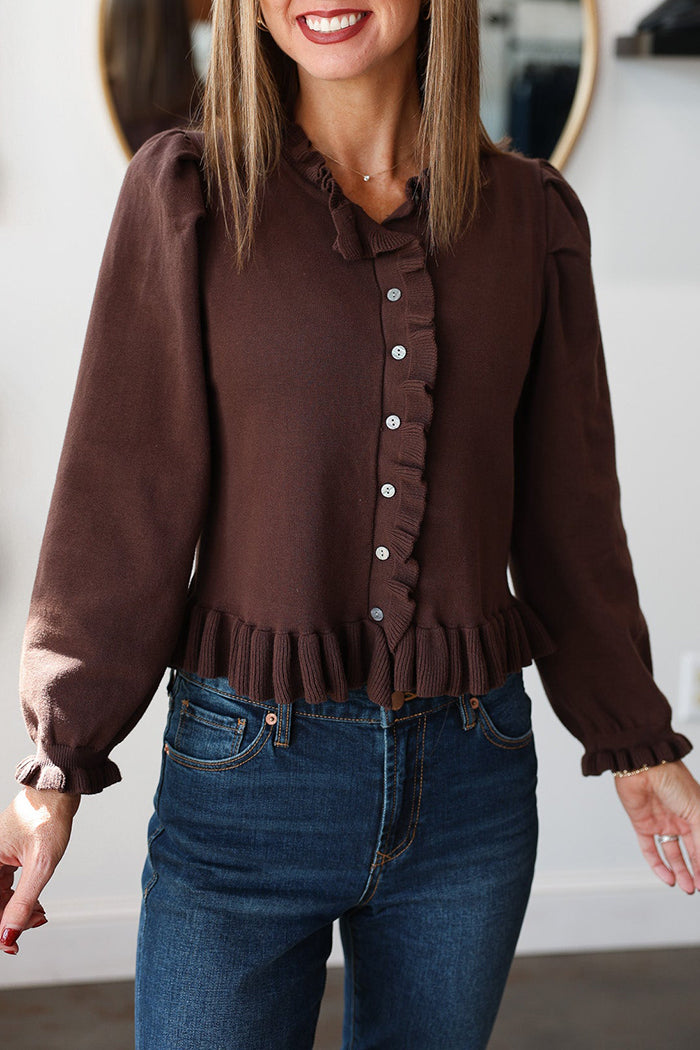 Button-Front Ruffle Trim Knit Top