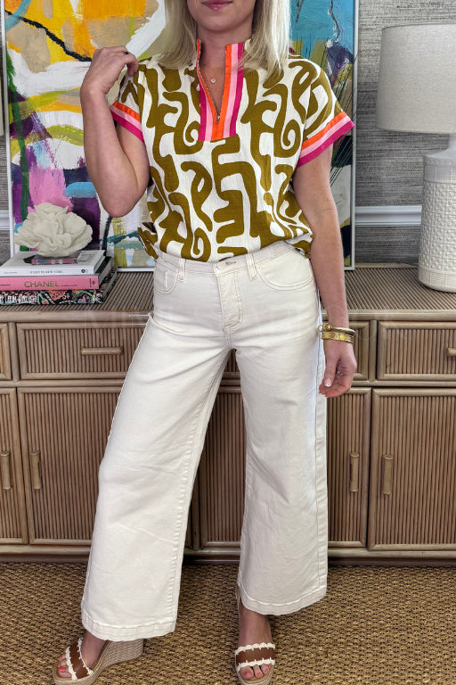 Graphic Patchwork Zipper Collar Top