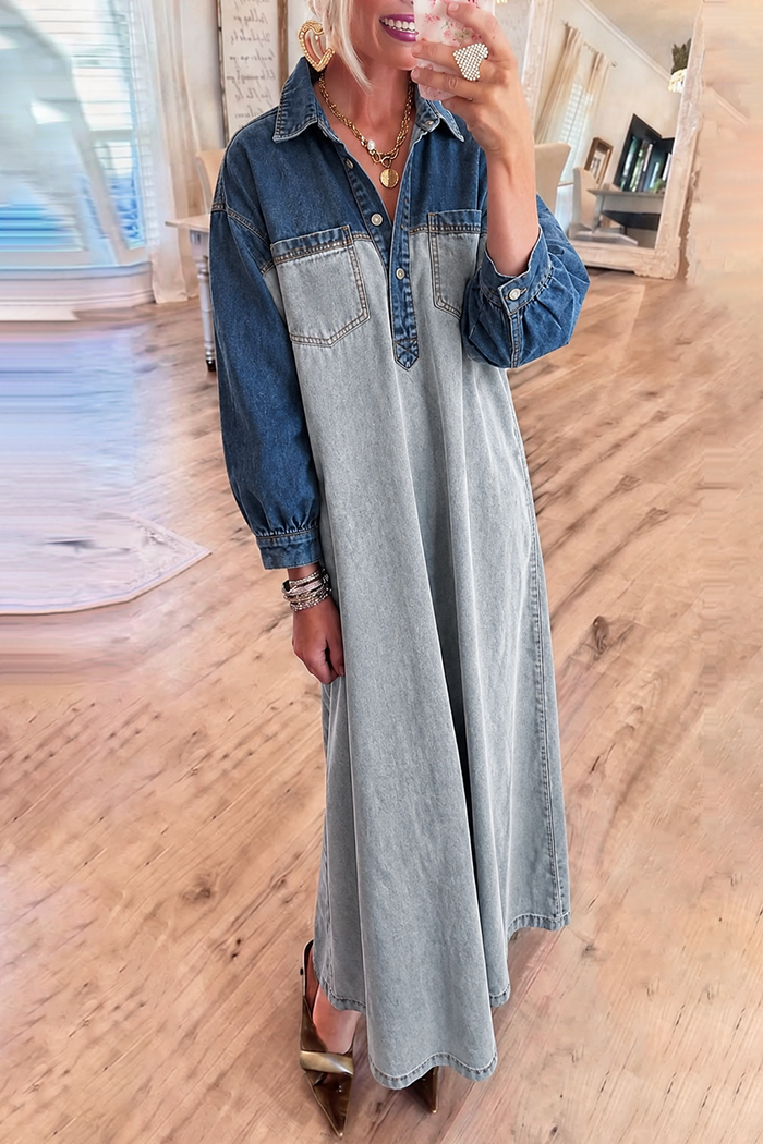 Half Button Color Block Denim Maxi Dress