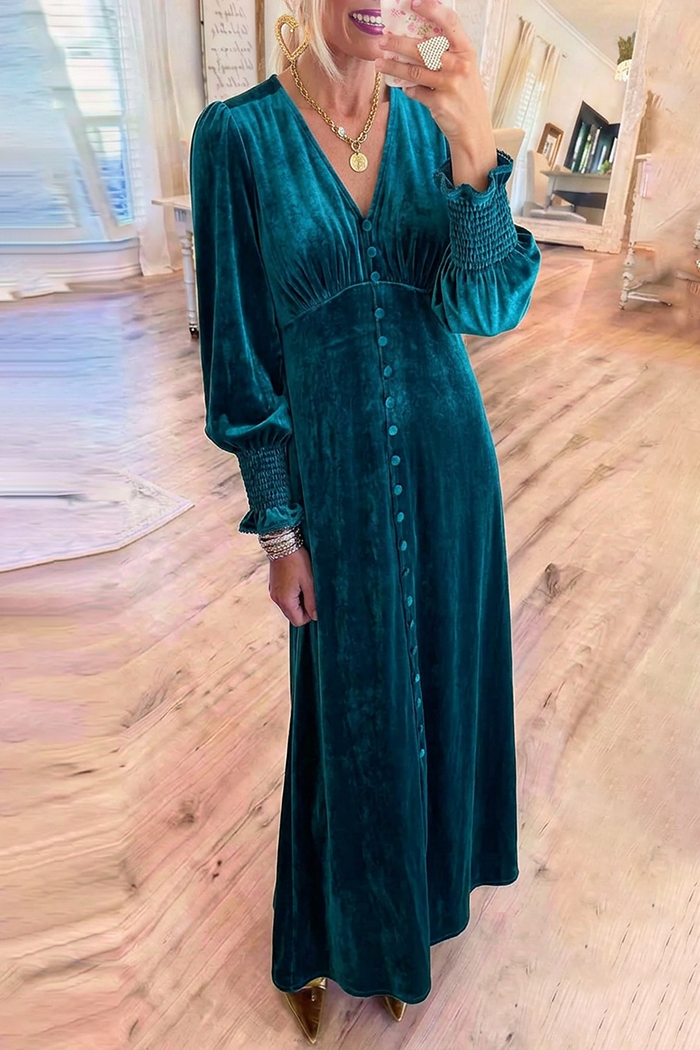 Velvet Smocked Cuff Front Button Maxi Dress