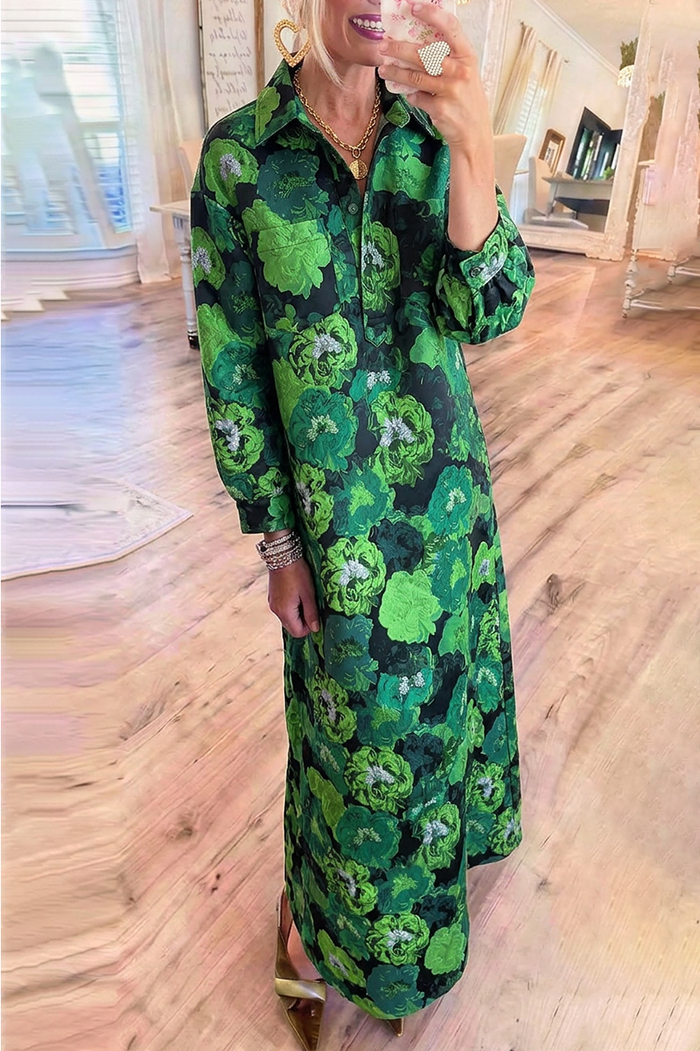 Green Floral Jacquard Shirt Collar Long Sleeve Pockets Maxi Dress
