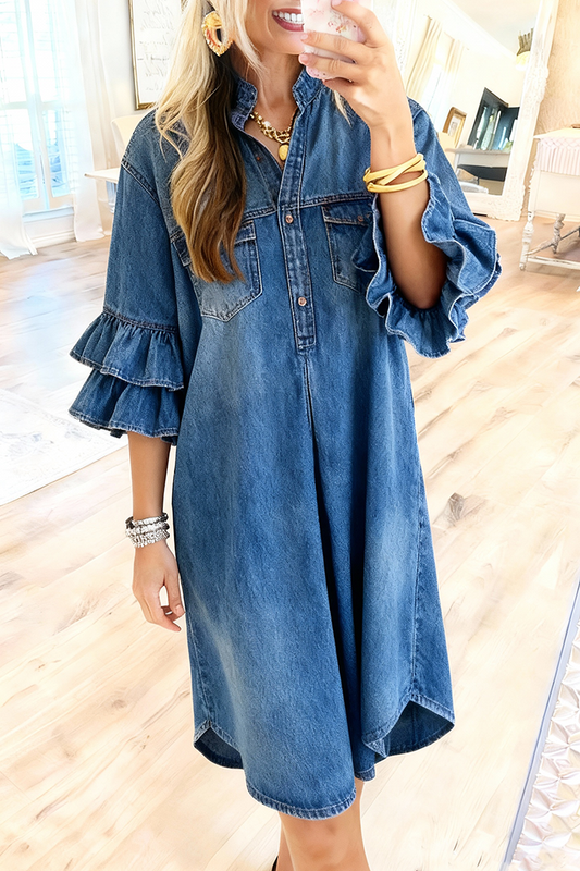 Double Flounce Sleeve Denim Dress