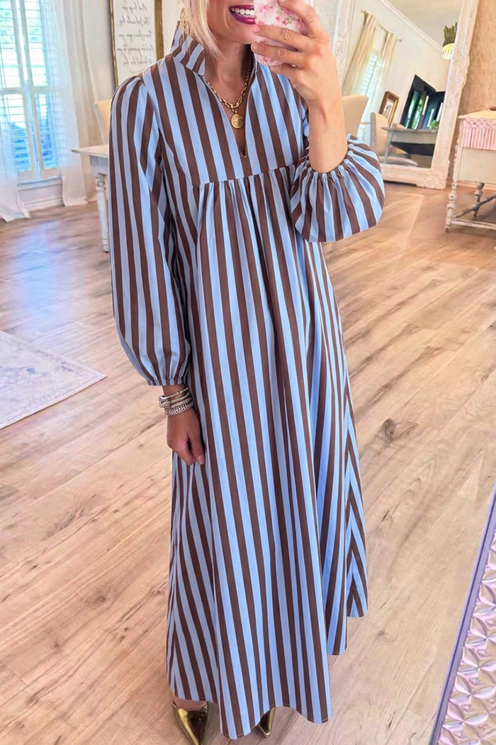 Striped Stand Collar Balloon Sleeves Maxi Dress