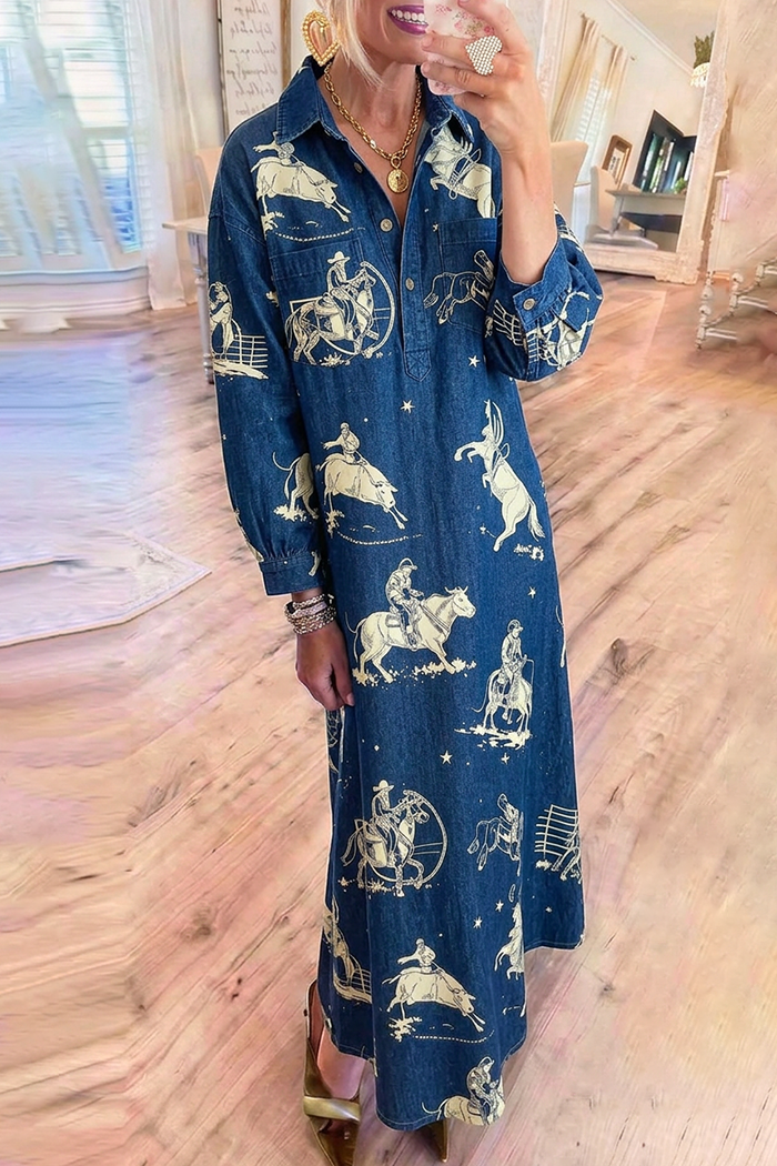 Dark Blue Denim Collared Long Sleeve Western Maxi Dress