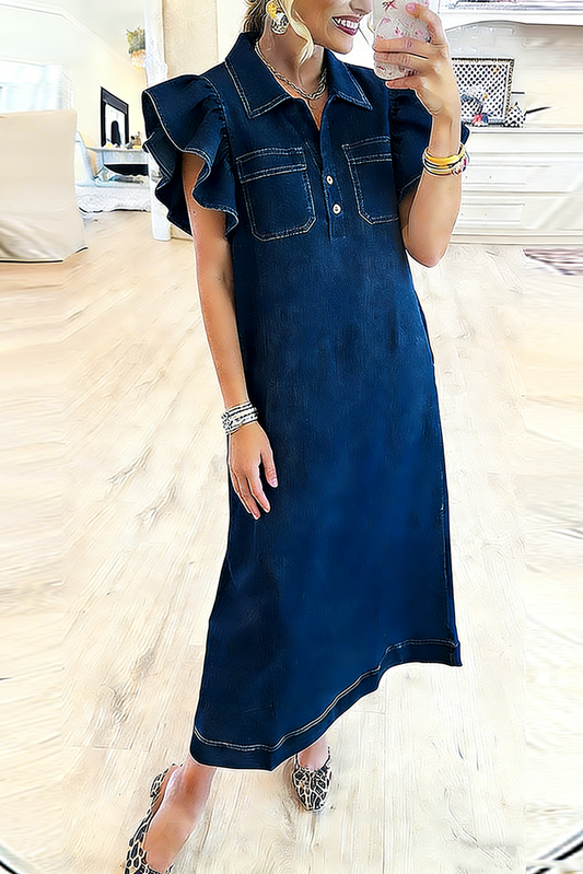 Collared Ruffle Sleeve Chest Pocket Denim Maxi Dress