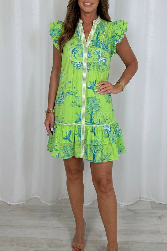 Toile Print Flutter Sleeve Tiered Dress