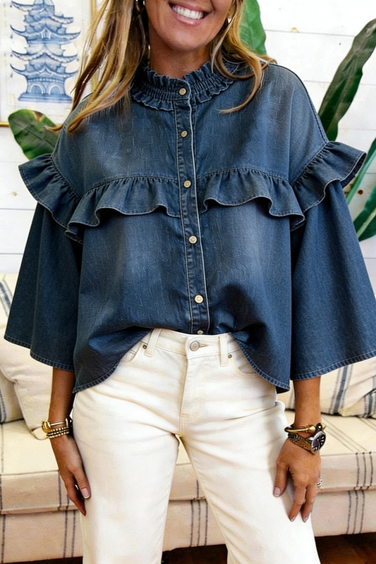 Ruffled 3/4 Sleeves Denim Top
