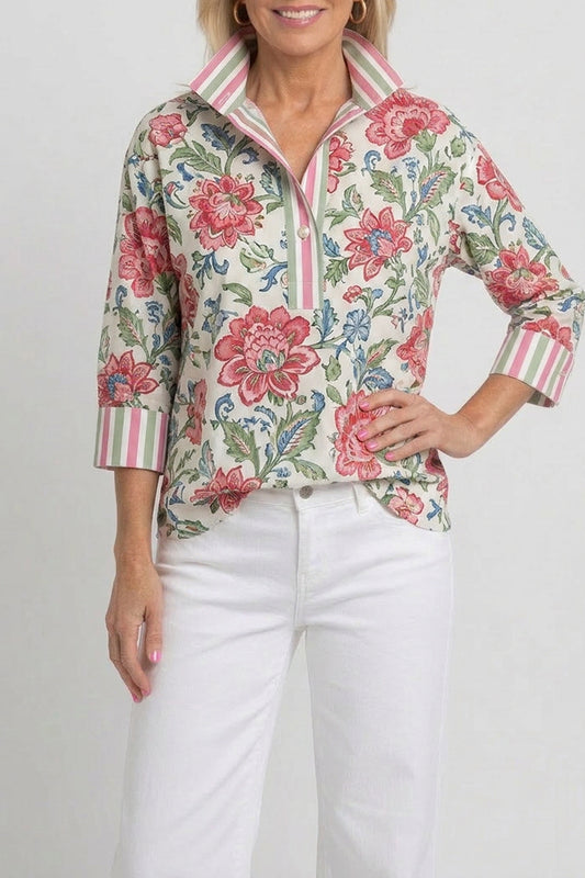 Floral Print Contrast Collar Top