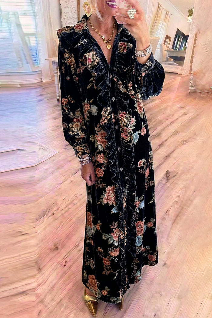 Black Velvet Button Ruffle Placket Vintage Floral Maxi Dress