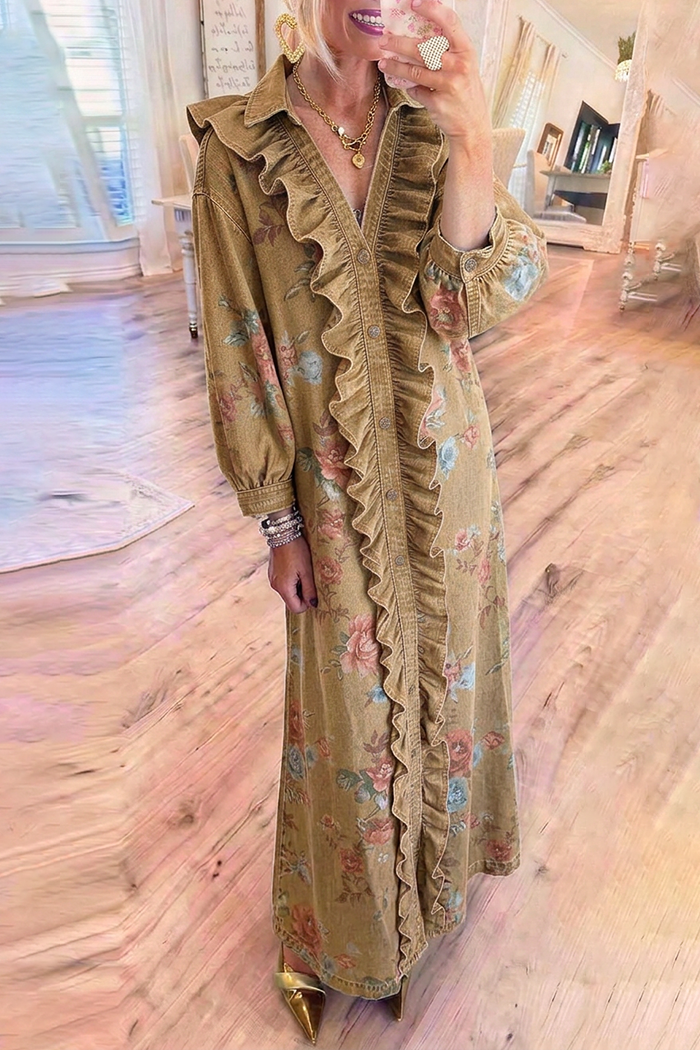 Tan Denim Ruffle Placket Vintage Floral Maxi Dress