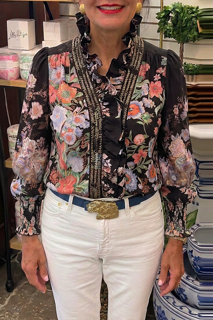 Casual Floral Print Ruffles Top