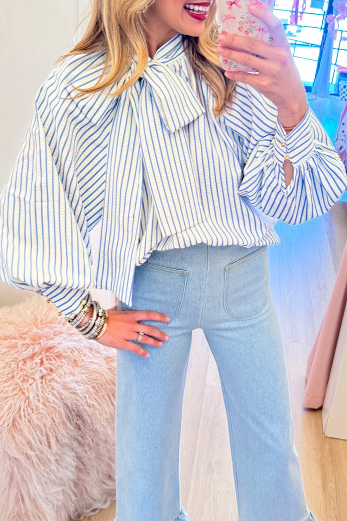 Blue Stripe Bow Detail Long Sleeve Top