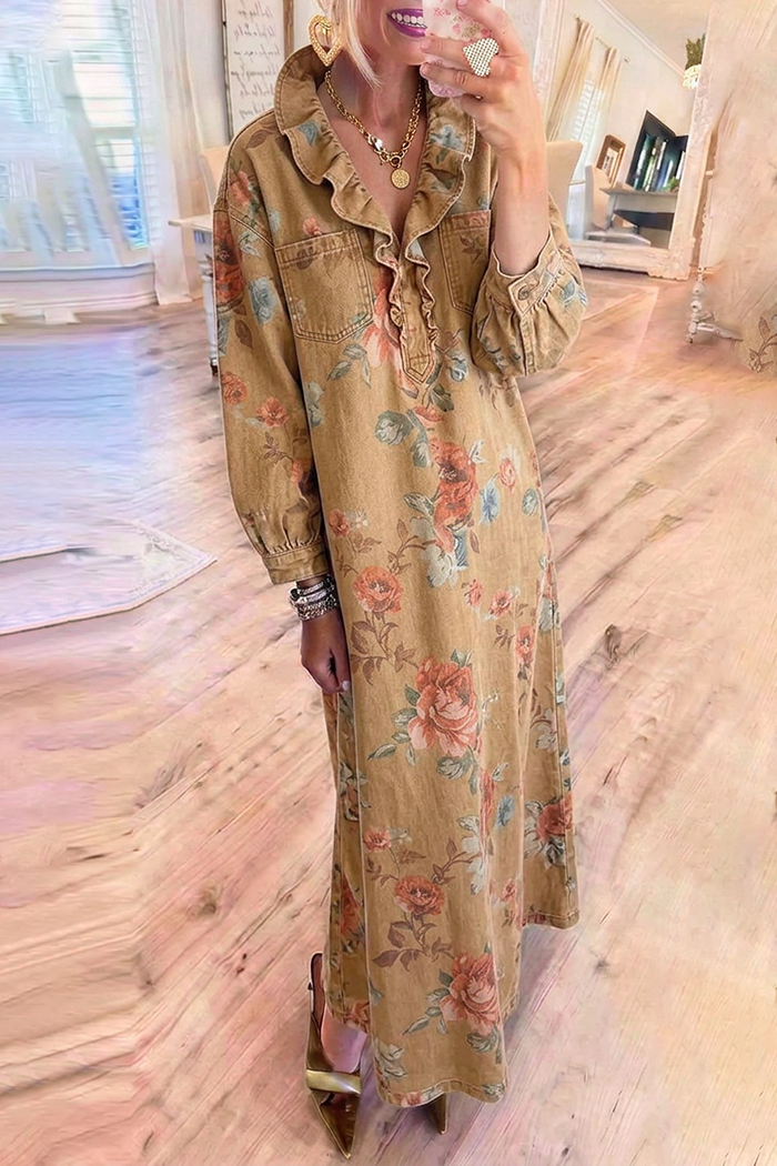 Floral Ruffle Collar Pockets Half Placket Long Sleeve Denim Maxi Dress