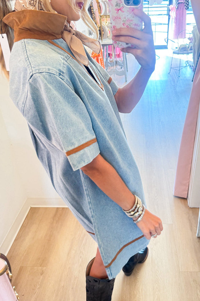 Washed Denim Collared Shift Dress
