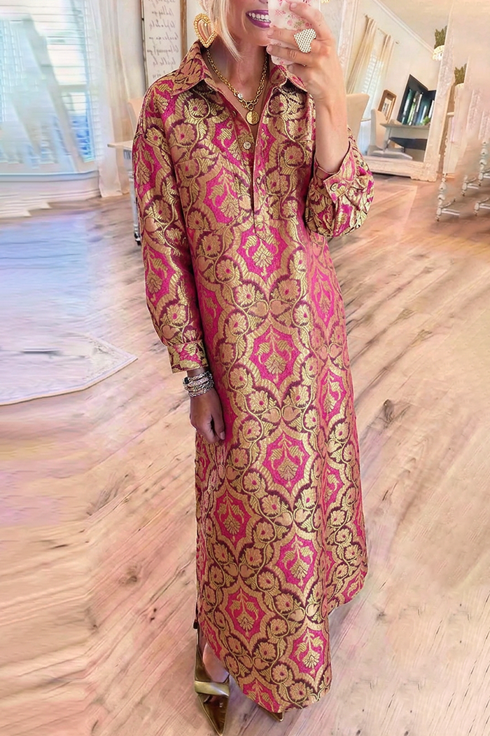 Metallic Jacquard Collared Balloon Sleeve Maxi Dress
