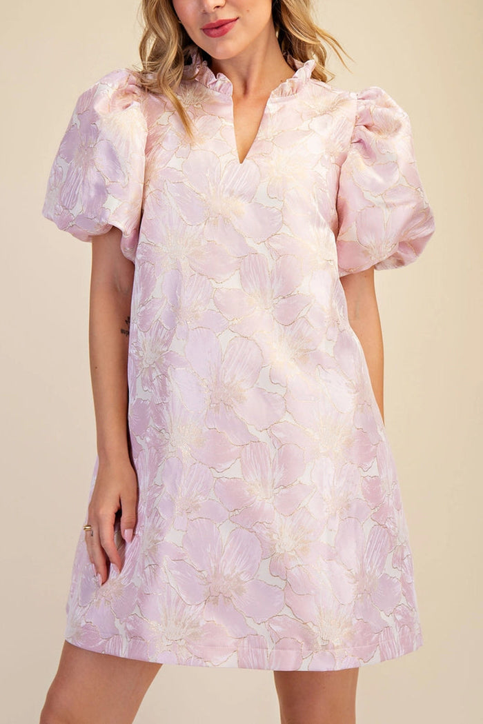 Ruffle V-Neck Puff Sleeve Floral Jacquard Dress