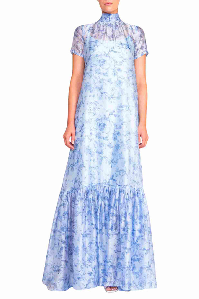 High Neck Short Sleeve Floral Tiered Maxi Dress