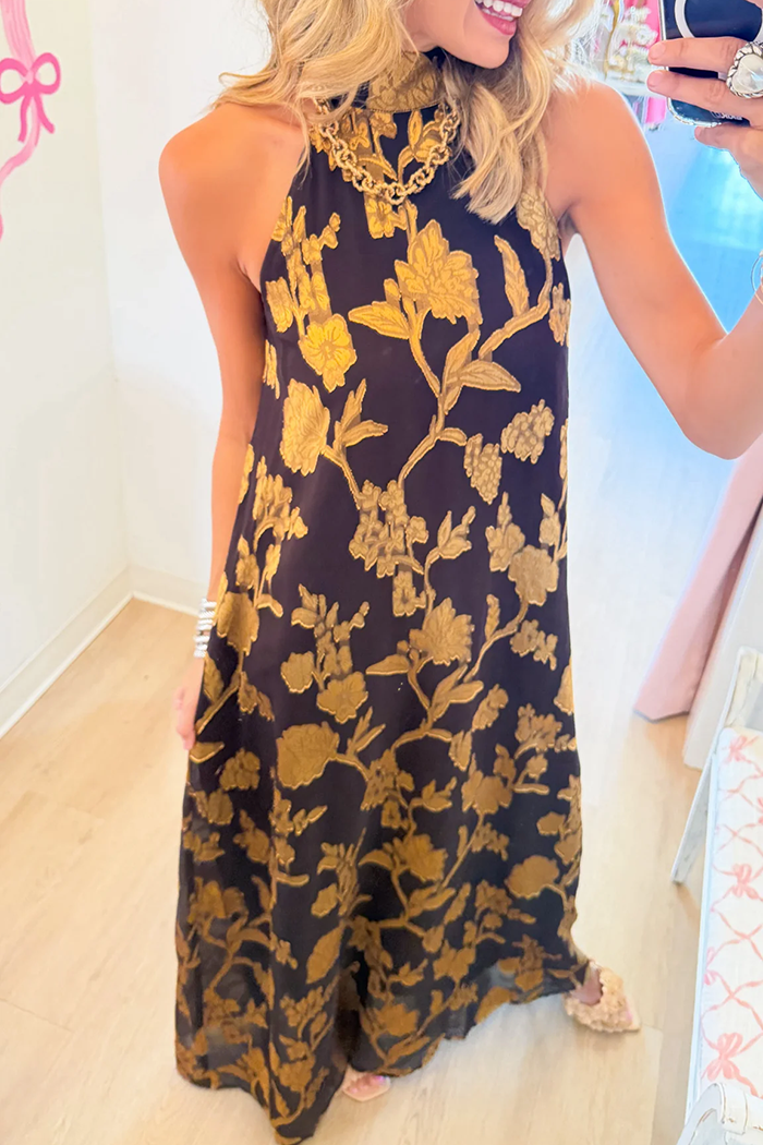 Brown And Gold Metallic Floral Maxi Dress