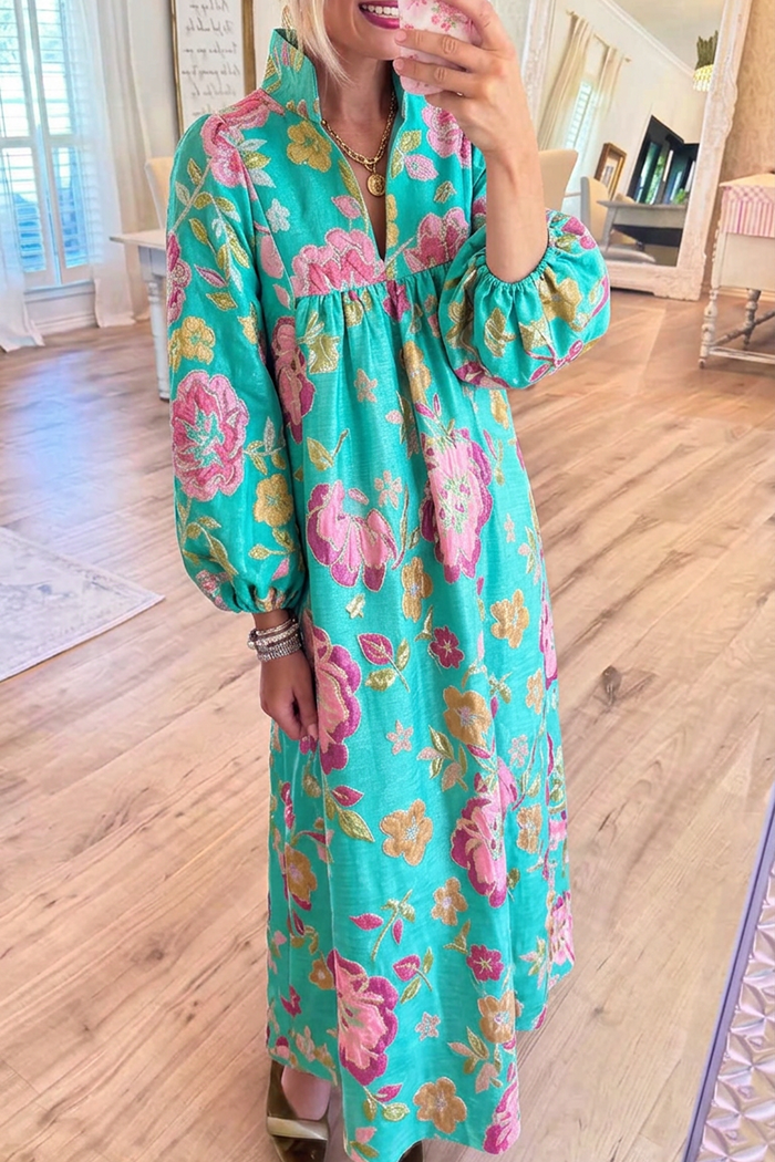 Floral Jacquard Stand Collar Balloon Sleeves Pockets Maxi Dress