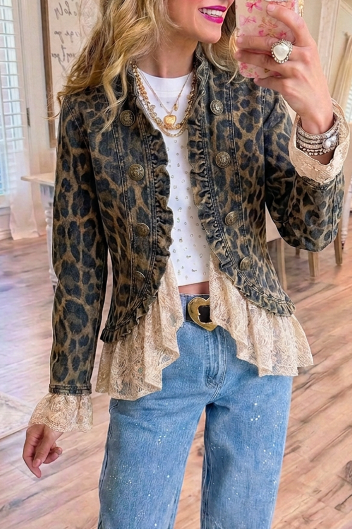 Leopard Print Denim Lace Ruffle Hem Cropped Jacket