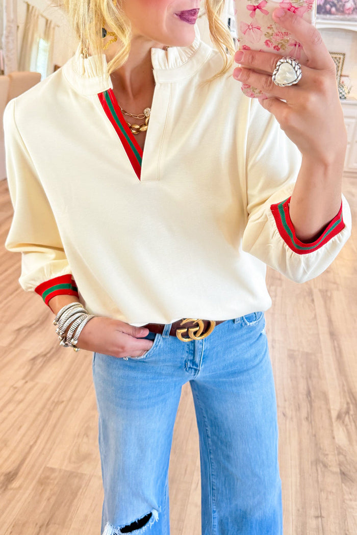 Ivory Stripe Contrast Ruffle Neck Top