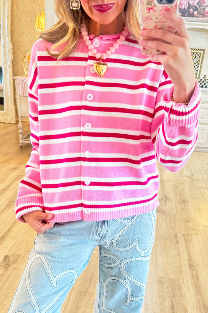 Pink Stripe Button Front Cardigan