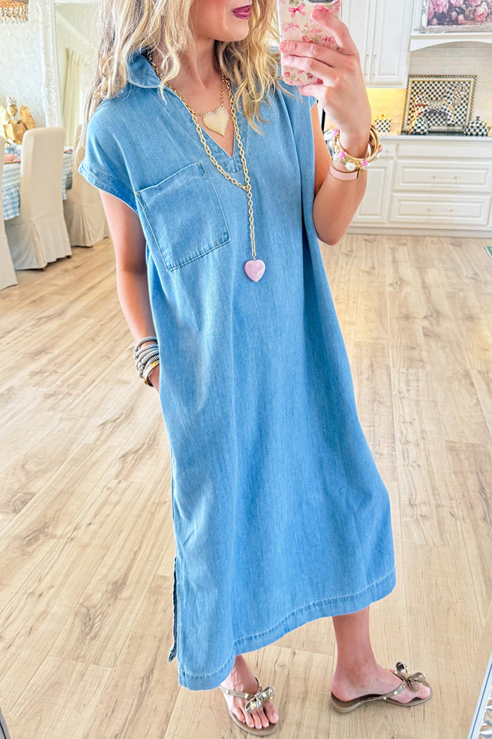 Chest Pocket Short Sleeve Denim Dress