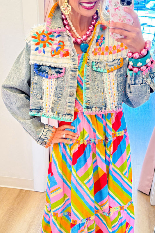 Denim Patchwork Collar Front Button Long Sleeve Cropped Jacket