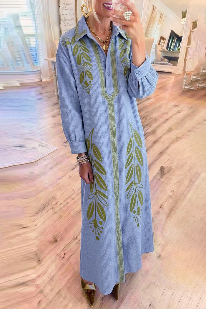 Blue Waffle Floral Embroidered Pocket Maxi Dress