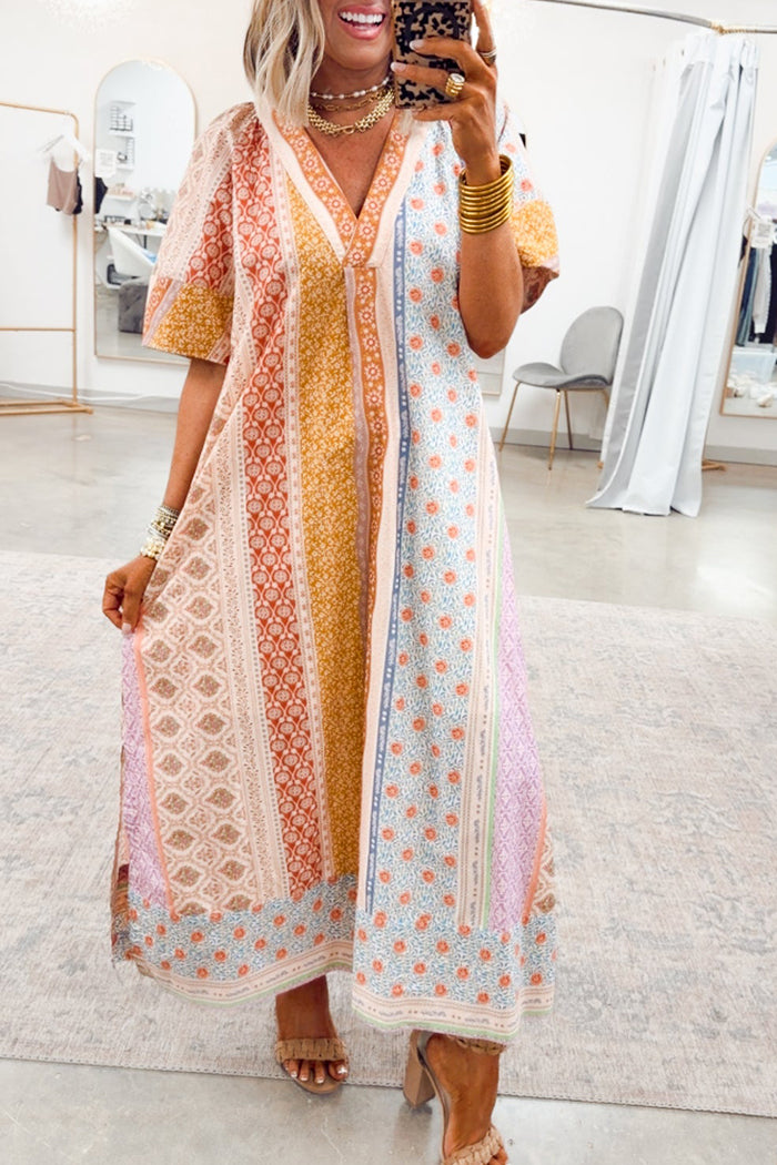 Patchwork Kaftan Pocket Midi Dress