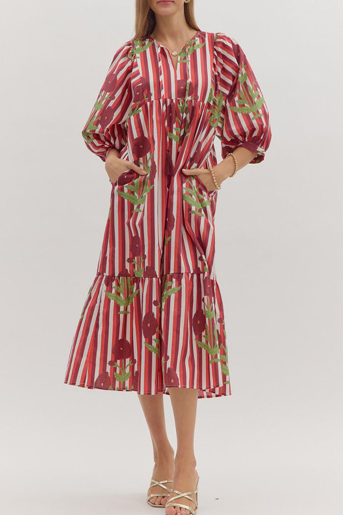 Floral Stripe Puff Sleeve Pocket Maxi Dress