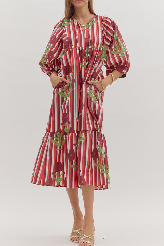 Floral Stripe Puff Sleeve Pocket Maxi Dress