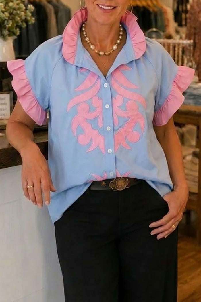 Ruffled Collar Pink Appliqué Button Front Top