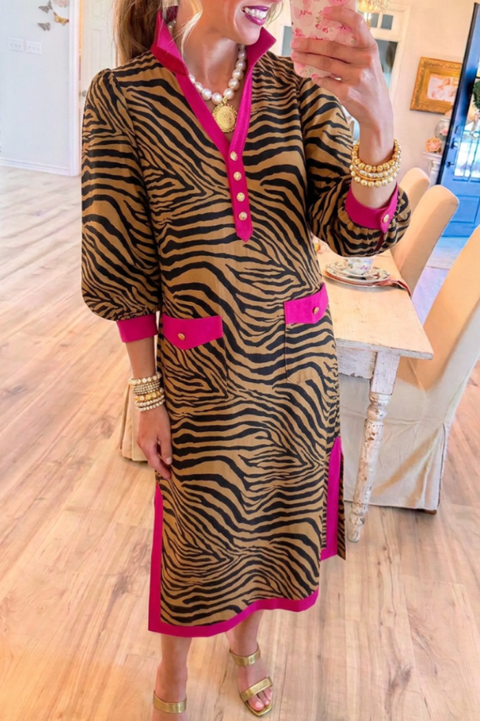 Tiger Print Pink Contrast Trim Balloon Sleeve Patch Pockets Dress