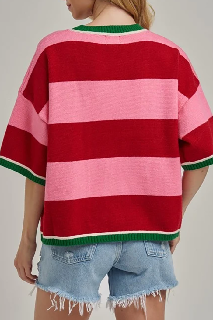 Red Pink Stripe Short Sleeve Sweater